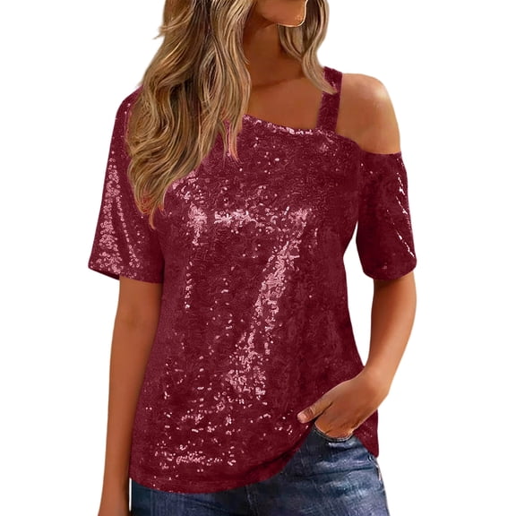 Moxiu Women's Sparkly Sequin Tops 2026 Off The Shoulder Short Sleeve Tunic Blouse Summer Dressy Party Club T Shirts Tees Wine,XXL