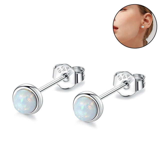 1 par de pendientes hipoalergénicos de piedra lunar para mujer, pendientes de piedra lunar de plata de ley, pequeños pendientes redondos de estrella para personas sensibles