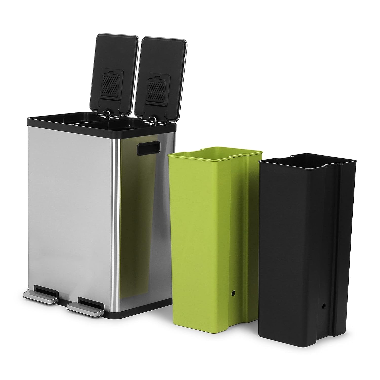 Simpli-Magic Dual Compartment Trash Can with Separate Foot Pedals Rectangular Stainless Steel Trash Bin, 60 L