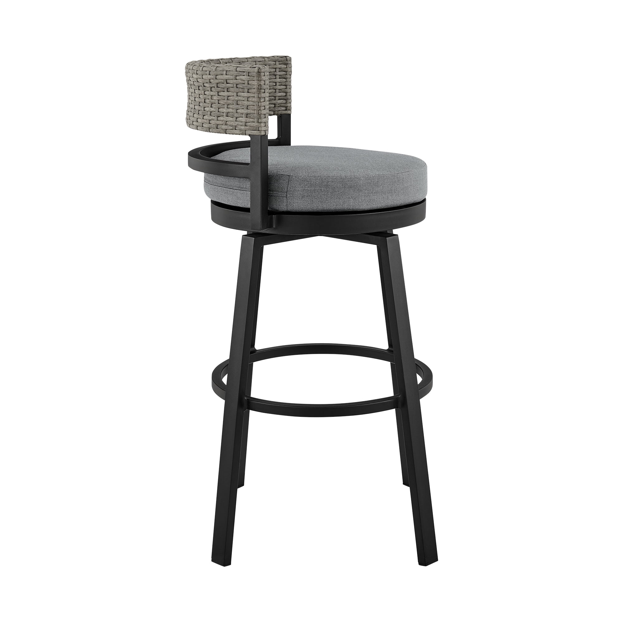 Encinitas Outdoor Patio Swivel Bar Stool in Aluminum and Wicker with Gray Cushions - Set of 2