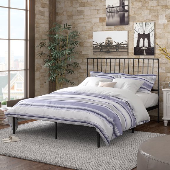 Weston Home Belisse Metal Platform Queen Bed with Curved Metal Headboard, Black