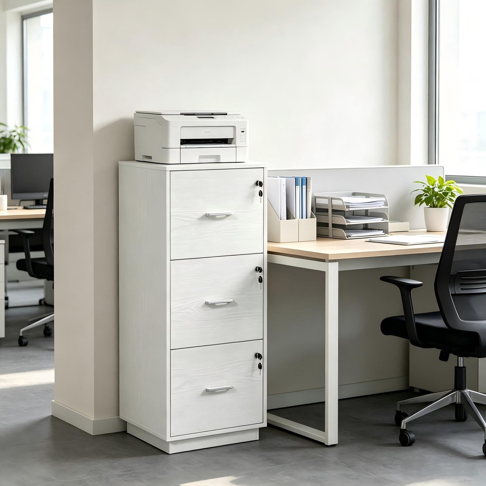3-Drawer White Filing Cabinet, Embossed Melamine Particle Board, 15.35 x 15.35 x 38.58 in