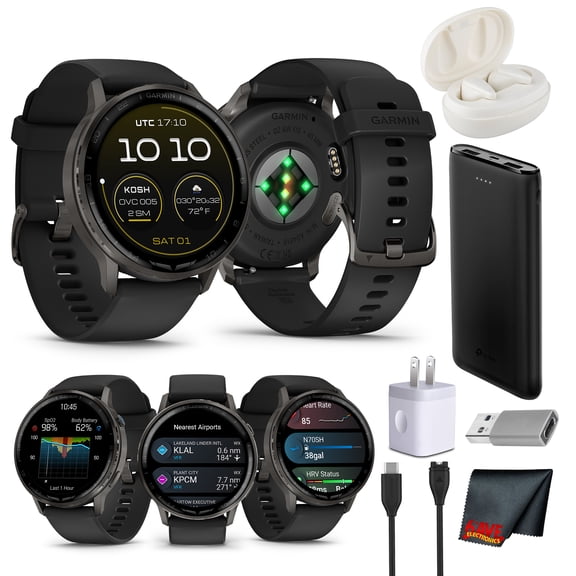 Garmin D2 Air X15 Aviation Smartwatch 45MM Slate Stainless Steel Bezel Black Silicone Band AMOLED Display GPS Direct-To Navigation Built-In Flashlight Pilot Watch Bundle