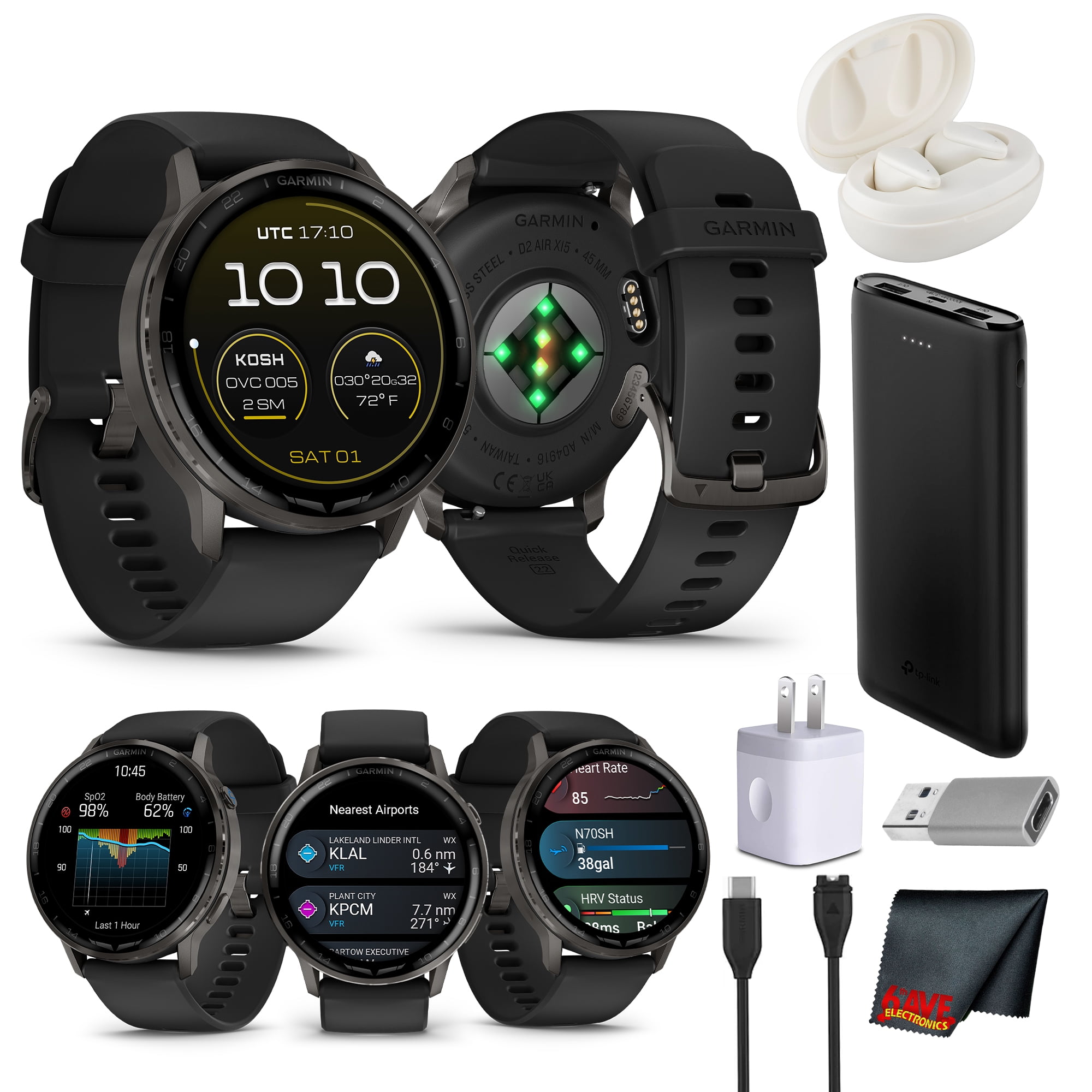 Garmin D2 Air X15 Aviation Smartwatch 45MM Slate Stainless Steel Bezel Black Silicone Band AMOLED Display GPS Direct-To Navigation Built-In Flashlight Pilot Watch Bundle