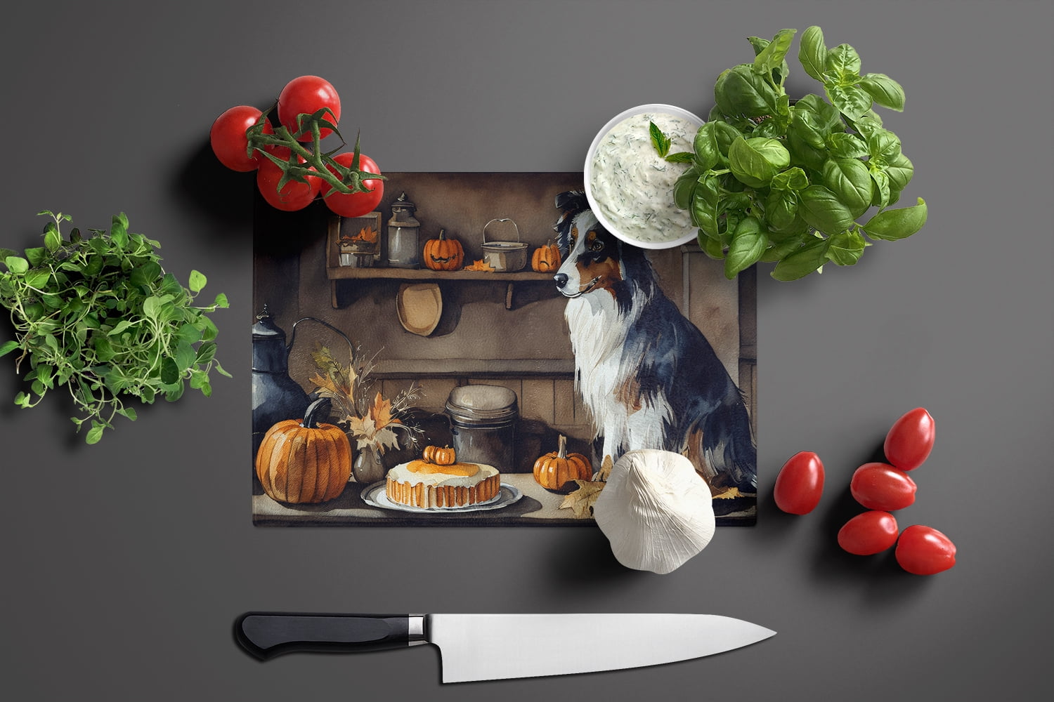 Australian Shepherd Fall Kitchen Pumpkins Glass Cutting Board Large 12 in x 15 in