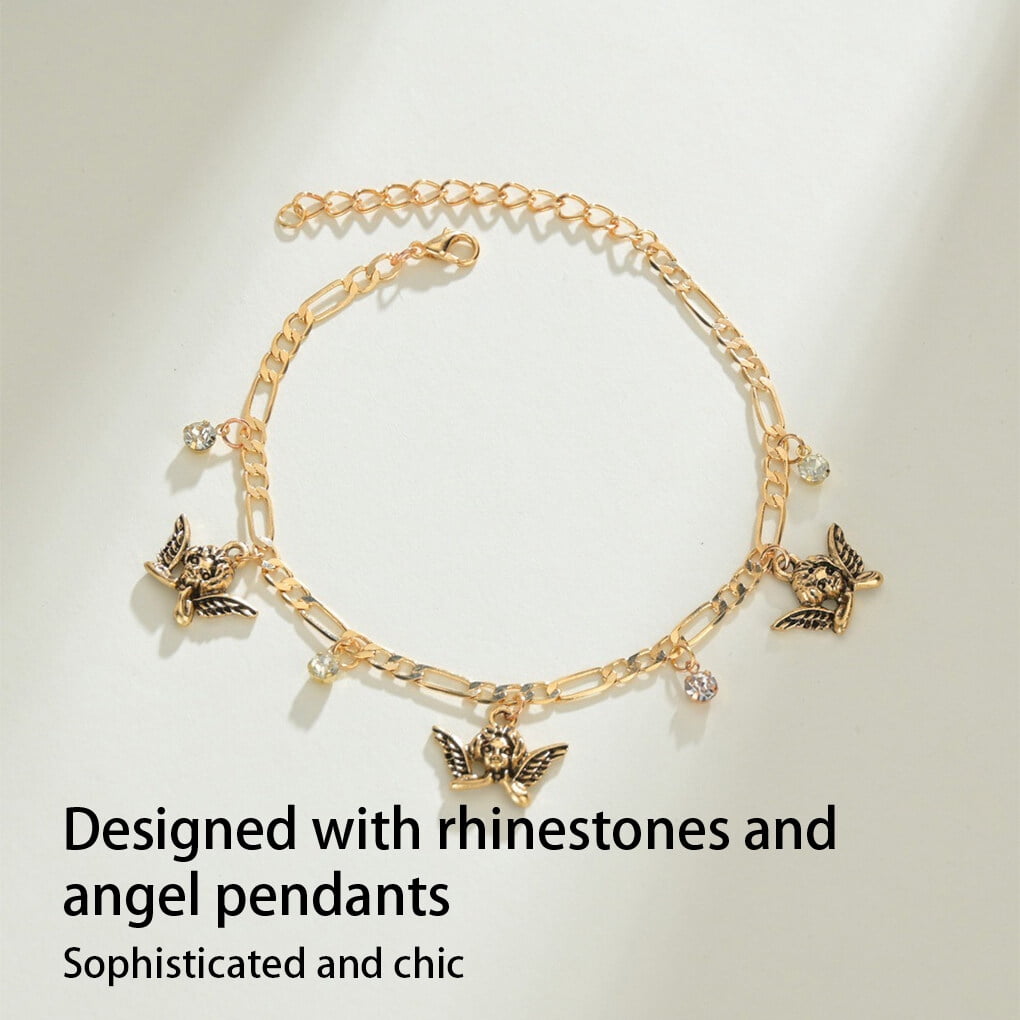 Bracelet De Cheville Strass Avec Pendentif Ange - Alliage Doré, Longueur Réglable ~20 Cm, Pour Femme - Style Vintage Et élégant - 8