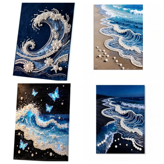 Pearl Diamond Painting Kit for Adults, Waves Sailboats Sea Wave Design, Special Shape Pearl Dots, DIY 5D Paint by Numbers, Ocean Theme Home Wall Decor(A)