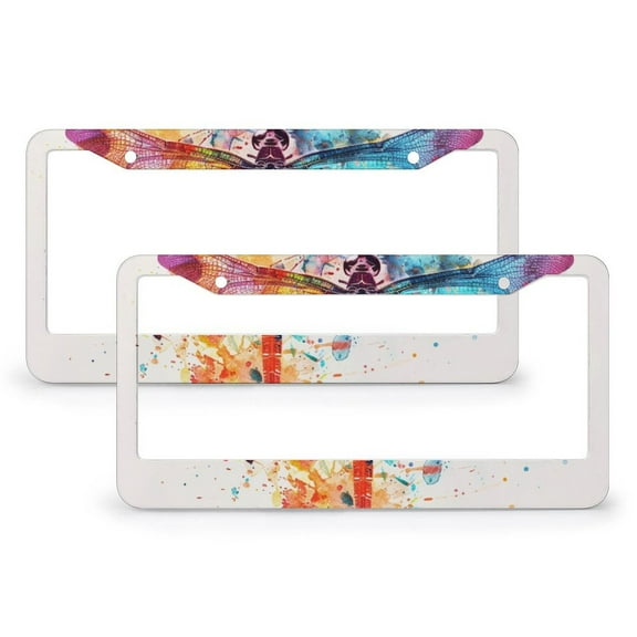 2 Pieces Watercolor Dragonfly, Splatter Paint License Plate Frame Ink Colorful Dragonfly Standard Car Tag Cover Holder Metal 2 Hole for US And CA