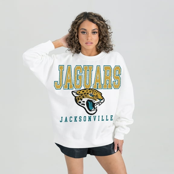 Women's Gameday Couture White Jacksonville Jaguars Sunday Drives Oversized Crewneck Pullover Sweatshirt