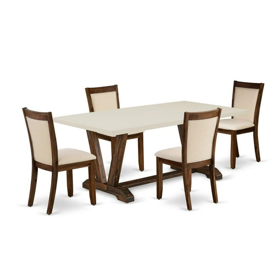 V727MZN32-5 - Dining Table and 4 Light Beige Chairs Distressed Jacobean Finish
