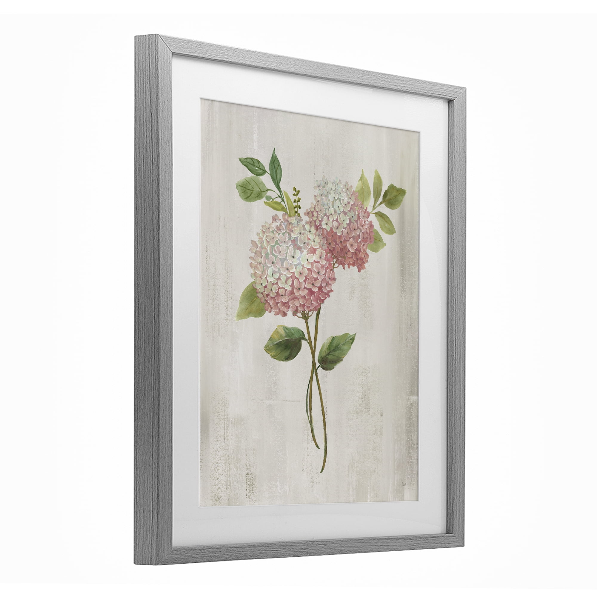 Stupell Industries Pink Hydrangea Paired Stems Gray Framed Print Under Glass, design by Nan
