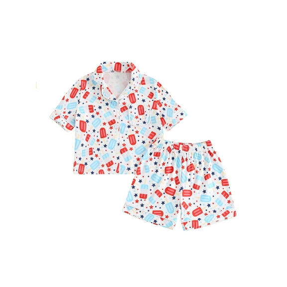 Toddler Boys Girls 4th of July Pajamas Set, Star Print Short Sleeve Button Down Tops and Shorts Summer Lounge Sleepwear Outfit