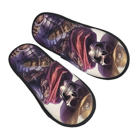 

KLL Cool Skull Cowboy Slippers for Women Men House Slip on Indoor Outdoor Bedroom Furry Fleece Lined Ladies Comfy Anti-Skid Rubber Hard Sole-Large