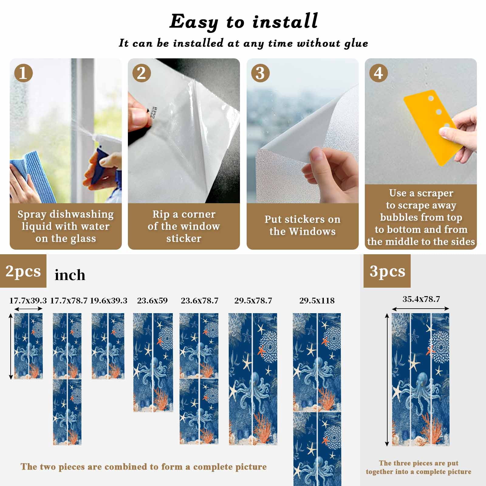 Ocean Octopus Window Privacy Film, Summer Orange Blue Sea Animal Corals Dark Blue Frosted Glass Window Clings Static Cling UV Heat Blocking Reusable Door Sticker for Bathroom 29.5 x 118 Inch