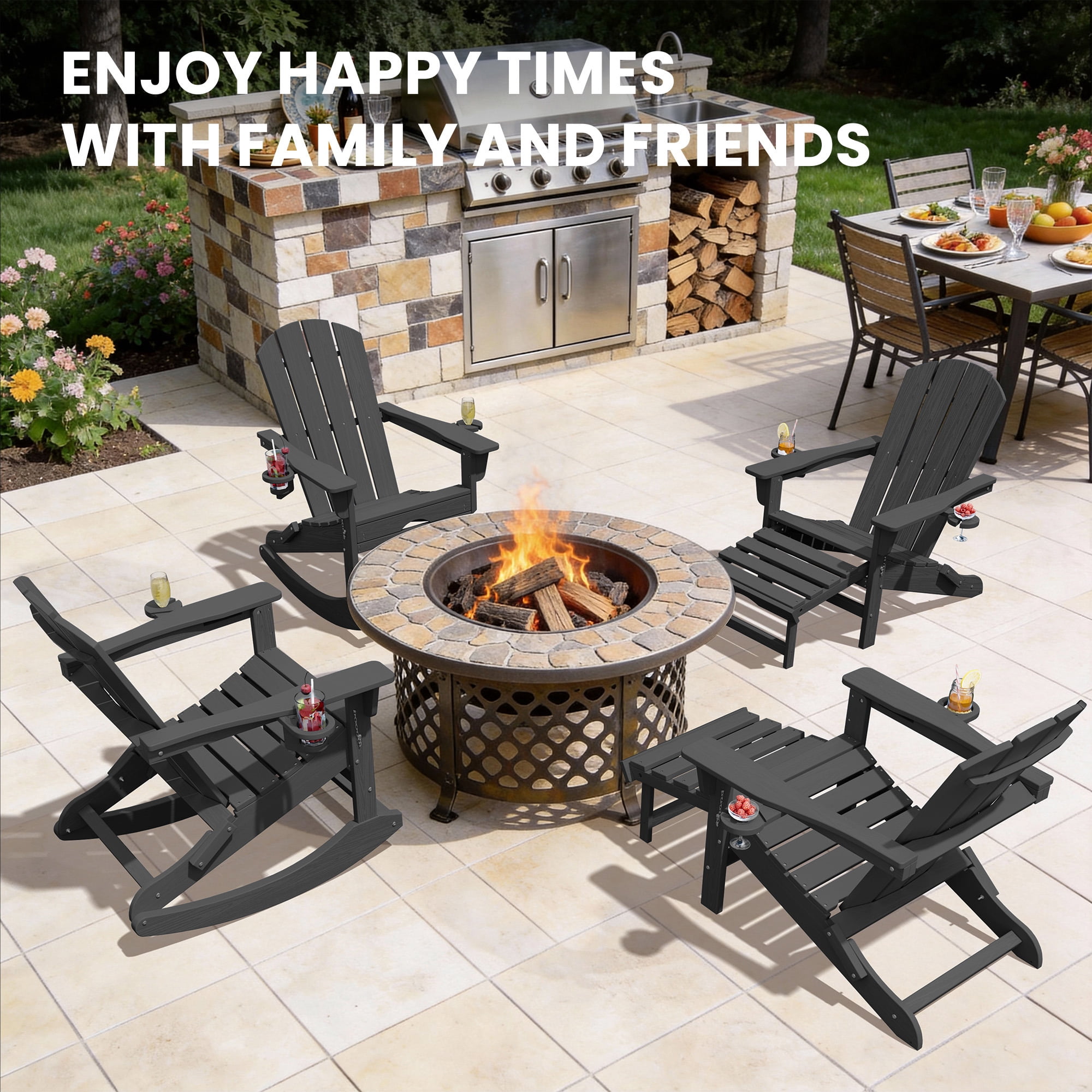 KINGYES Adirondack Rocking Chair Set of 2 with Retractable Ottoman and Cup Holders, HDPE Adirondack Rocker, Patio Rocking Chair for Porch, Patio, Black