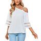 thumbnail image 1 of Blusa de un hombro para mujer, manga de panel de malla 3/4, blusa informal con correa de metal de color puro para primavera y verano, 1 of 8