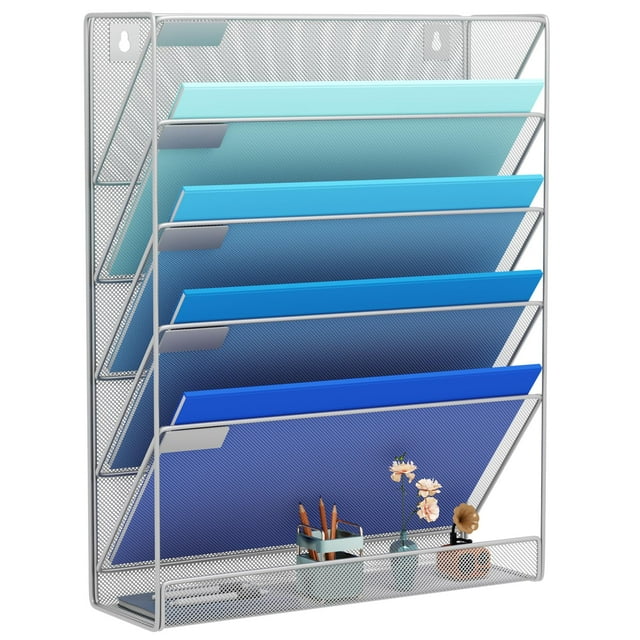 GDINDINFAN Wall File Organizer Holder Mesh Hanging Paper Document Holder, Vertical 6 Pocket Tier for Office Home, Silver