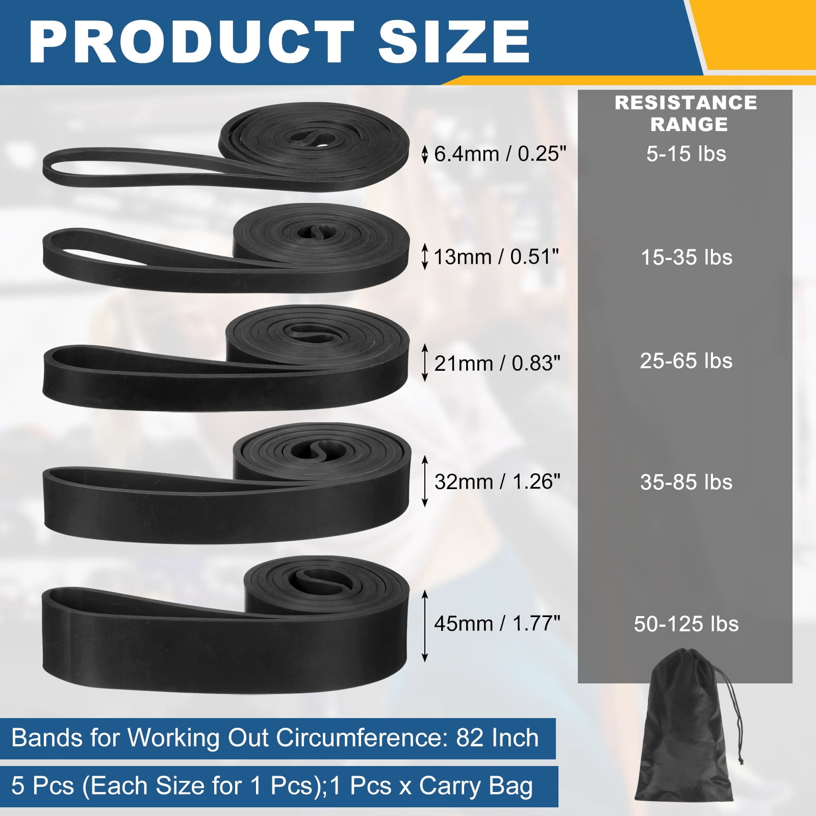 Uxcell Resistance Bands for Working Out, 5 Levels Pull Up Assistance Bands with Carry Bag 5 Pcs & Black -Fitting for (Home/Gym)