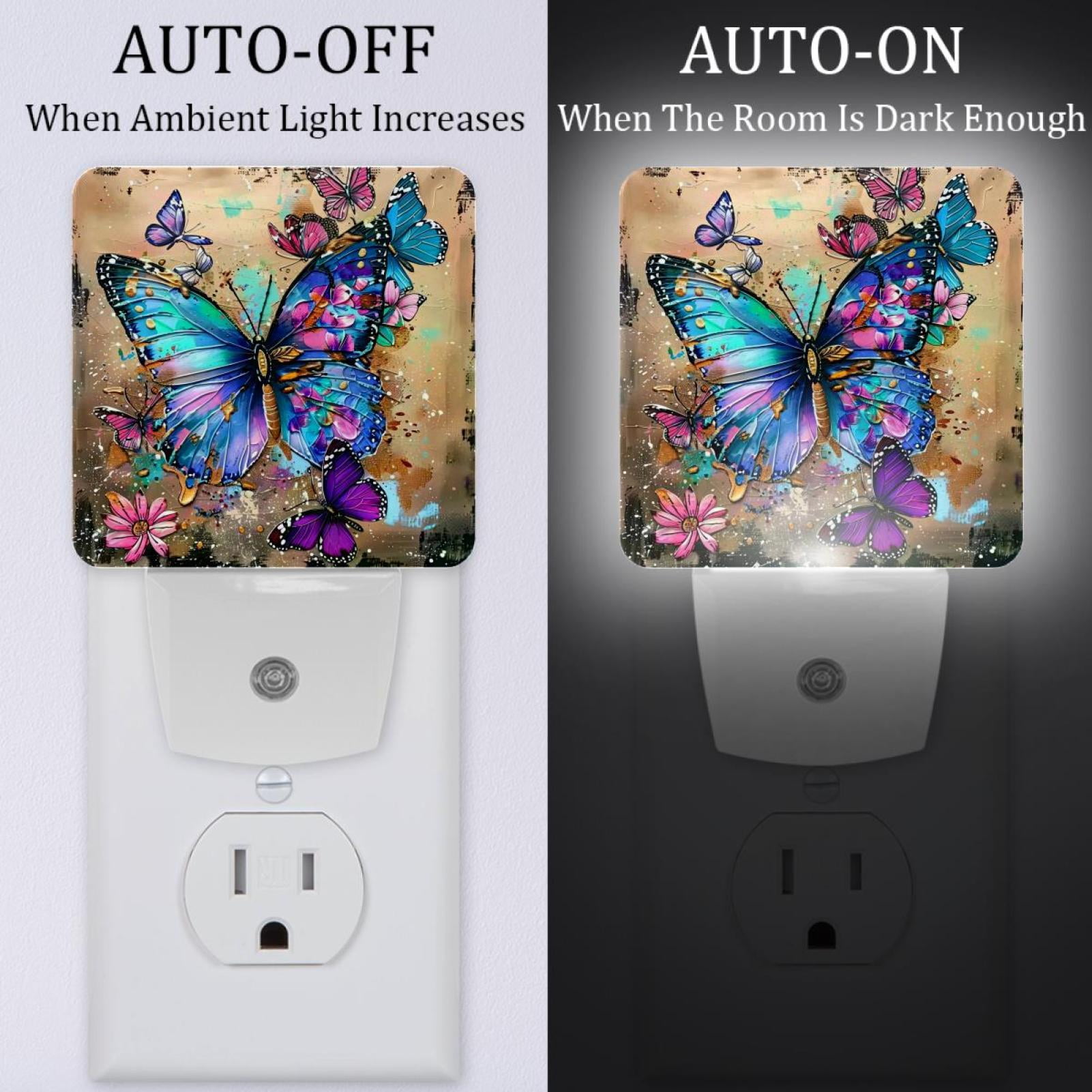 PhooArto Colorful Butterfly Art Plug in LED Night Light Auto Sensor Dusk to Dawn Decorative Night for Bedroom, Bathroom, Kitchen, Hallway, Stairs, Baby's Room, Energy Saving