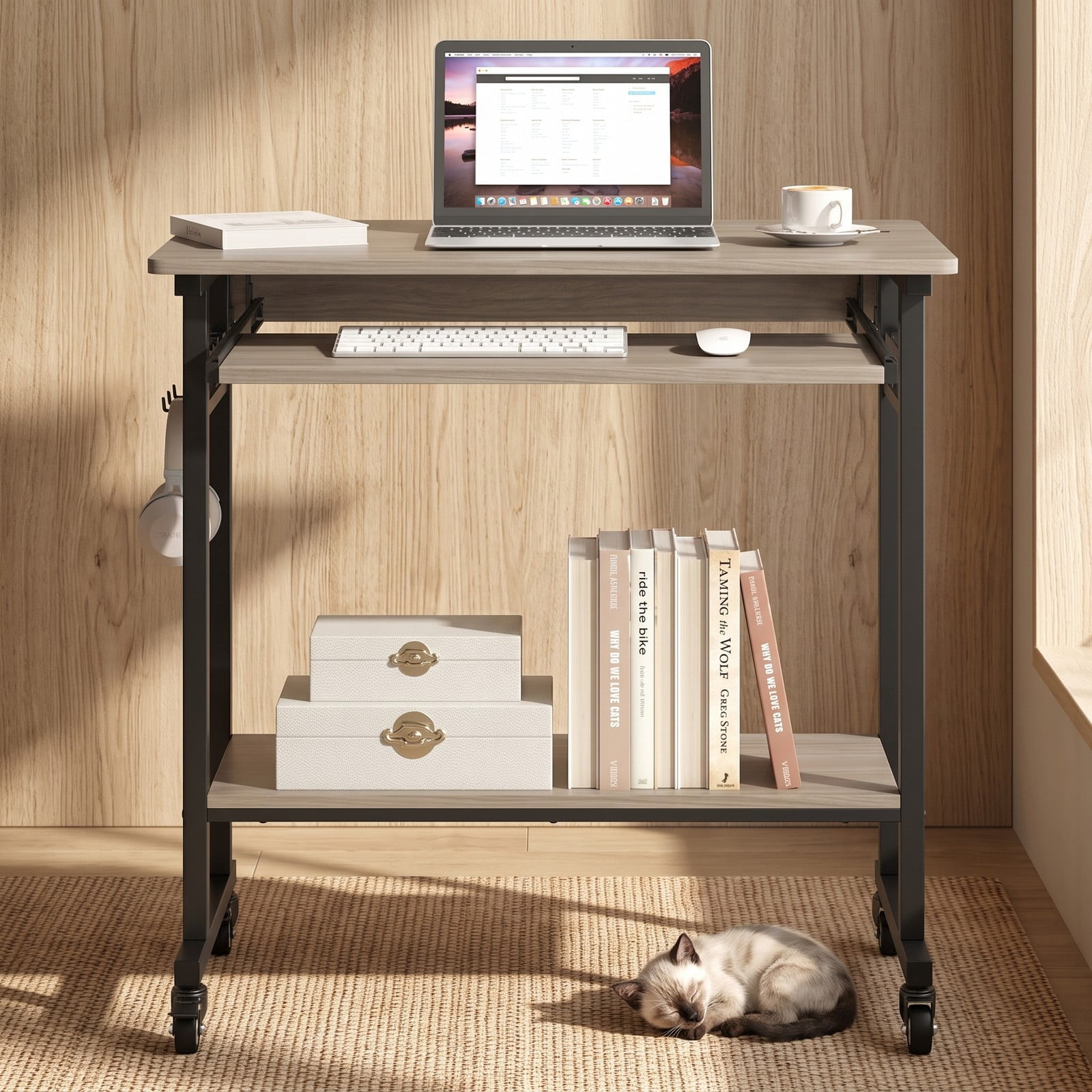 Furnibear Rolling Laptop Table Mobile Computer Desk Cart with Pull-out Keyboard Tray, 3 Hooks, Bottom Storage Shelf and Locking Wheels for Home Office, Grey