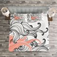 thumbnail image 3 of Ambesonne Modern Quilted Bedspread Set 3 Pcs, Graphic Swirls Wave Bird, Queen Size, Coral Black and White, 3 of 3