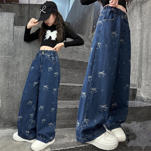 MUXiin Girls Wide Leg Jeans Baggy Bow Embroidery High Elastic Waist Denim Pants Cute Y2K Trendy Tween Streetwear