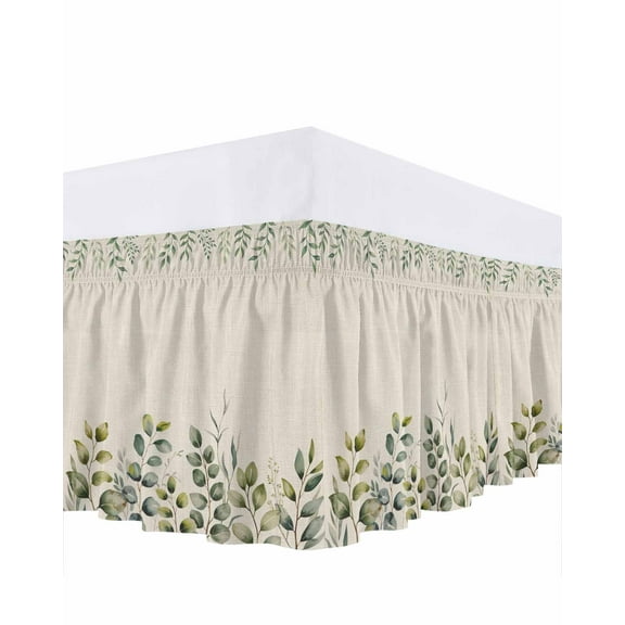 Green Leaf Bed Skirt King Size 18 Inch Drop, Plant Pastoral Watercolor Linen Texture Adjustable Elastic Dust Ruffles Bedskirt for King Bed Wrap Around Pleated Mattress Frame Cover