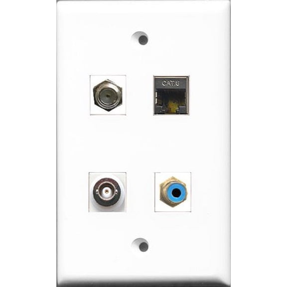 RiteAV 1 Port RCA Blue and 1 Port Coax Cable TV- F-Type and 1 Port Shielded Cat6 Ethernet and 1 Port BNC Wall Plate