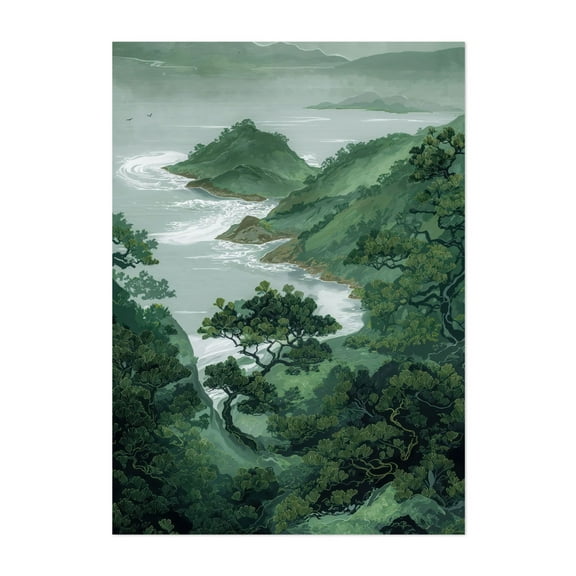 Japanese Coastal Wall Art Forest Print Sage Green Wabi Sabi Painting japandi Art chinoiserie poster - Japan Painting Scenic Landscape Nature Coastal Mountain Unframed Wall Art Print 4 x 6 inches