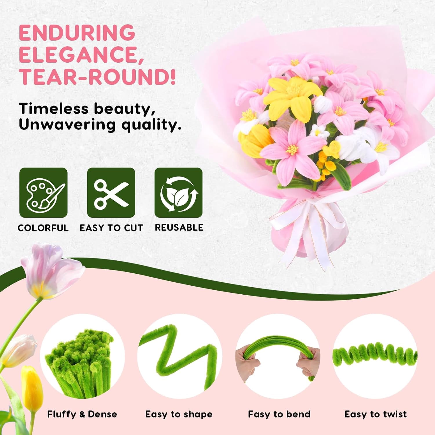 600 pipe cleaner craft set, loose pipe cleaner flower making set, 6-color chenille strip flower making set, suitable for arts and crafts.