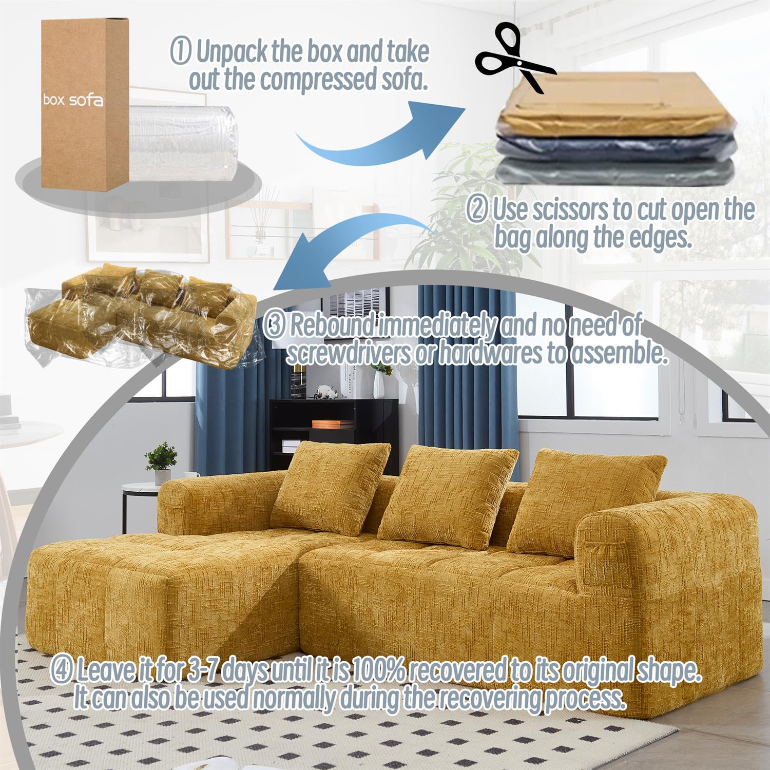 Demi Bonn 98" L-Shaped Modular Sectional Sofa with Chaise, Side Pockets, Modern Comfort Couch, Compression-Free Installation for Living Room, Yellow