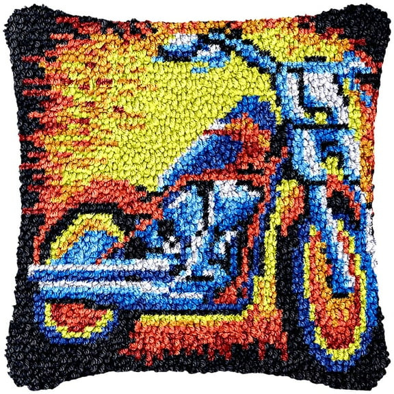 DIY Latch Hook Kits Pillow Motorcycle in Fire Crochet Yarn Pre-Printed Cushion Needlework Pillowcase Hook and Latch Kit Cushion Home Sofa Decoration 43x43cm