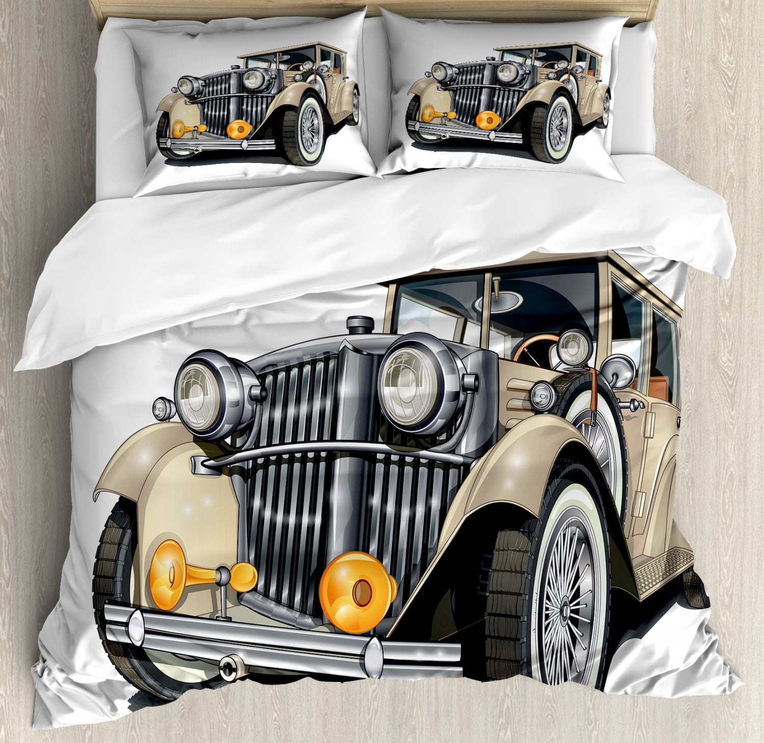 King Size Vintage Car Design Microfiber Duvet Cover Set