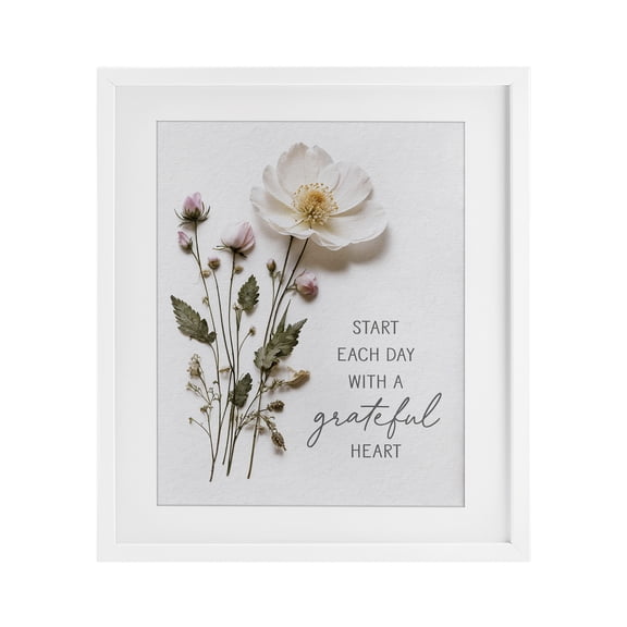 Grateful Heart Pressed Flowers White Framed Print Under Glass, design by Lettered and Lined