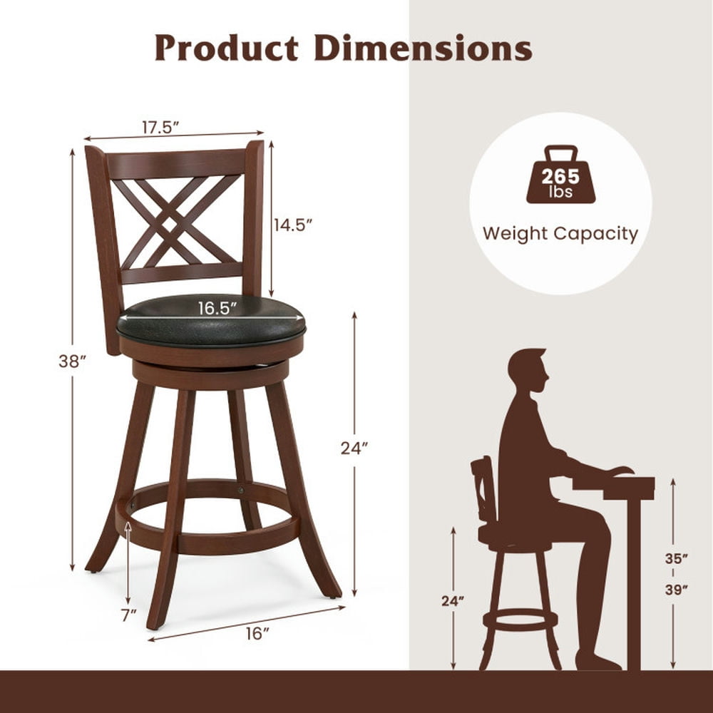 Demi Bonn 24" Set of 2 360° Swivel Upholstered Barstools with Back and Footrest, Modern Kitchen Dining Chair, Brown