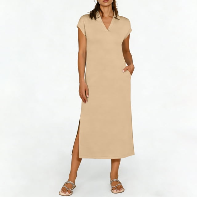 TaTaai Women's Short Sleeve Midi Dress Solid Color Lapel Collar Casual Dress with Side Slit Lightweight Stretchy Polyester Blend Gift