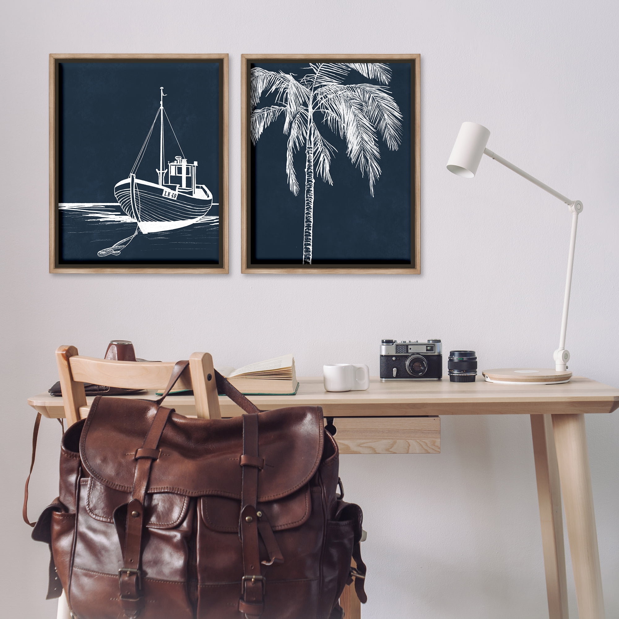 Stupell Industries Blue Boat & Palm Transportation Painting Brown Floater Framed Canvas Art Print Wall Art, 31 x 25, Set of 2