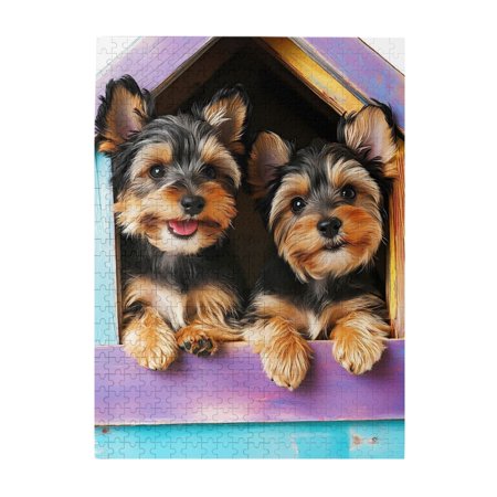 1000-Piece Wooden Jigsaw Puzzle for Adults - Yorkies In Playhouse Colorful Interlocking Pieces with Guide Letters Holiday Gift & Home Decor