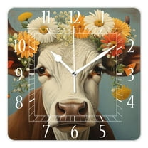 12 Inch Wall Clock Battery Operated Square Clock Decorative for Office, Kitchen, Outdoor, Living Room，Farmhouse Cow Flower Wooden Style