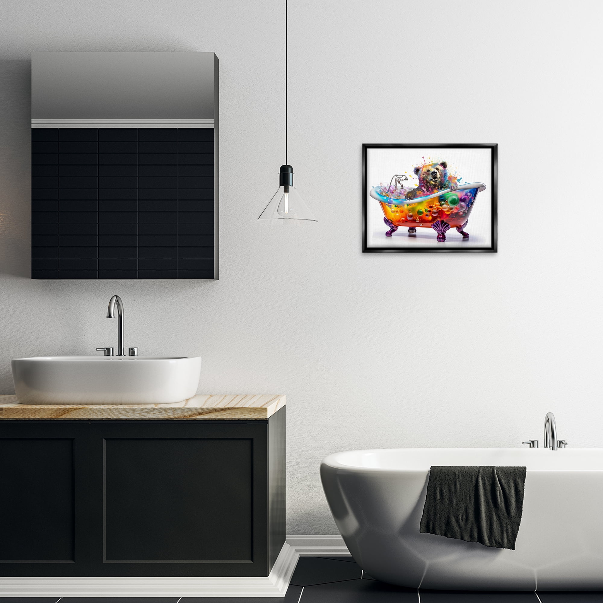 Stupell Industries Modern Bold Bubble Bath Typography Painting Black Floater Framed Canvas Art Print Wall Art, 21 x 17