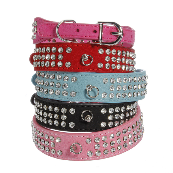 On 3 Rows Rhinestones Suede Leather Dog Collars Crystal Diamante Dogs