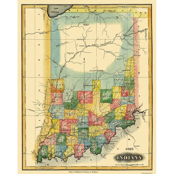Historic State Map - Indiana - Lucas 1823 - 23 x 28.88 - Vintage Wall Art