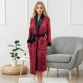 thumbnail image 2 of Elegant Comfort Women’s Plush Fleece Spa Bathrobe, Shawl Collar and Pockets, Velvet Soft and Warm Long Robe - Medium, Burgundy/Black, 2 of 5