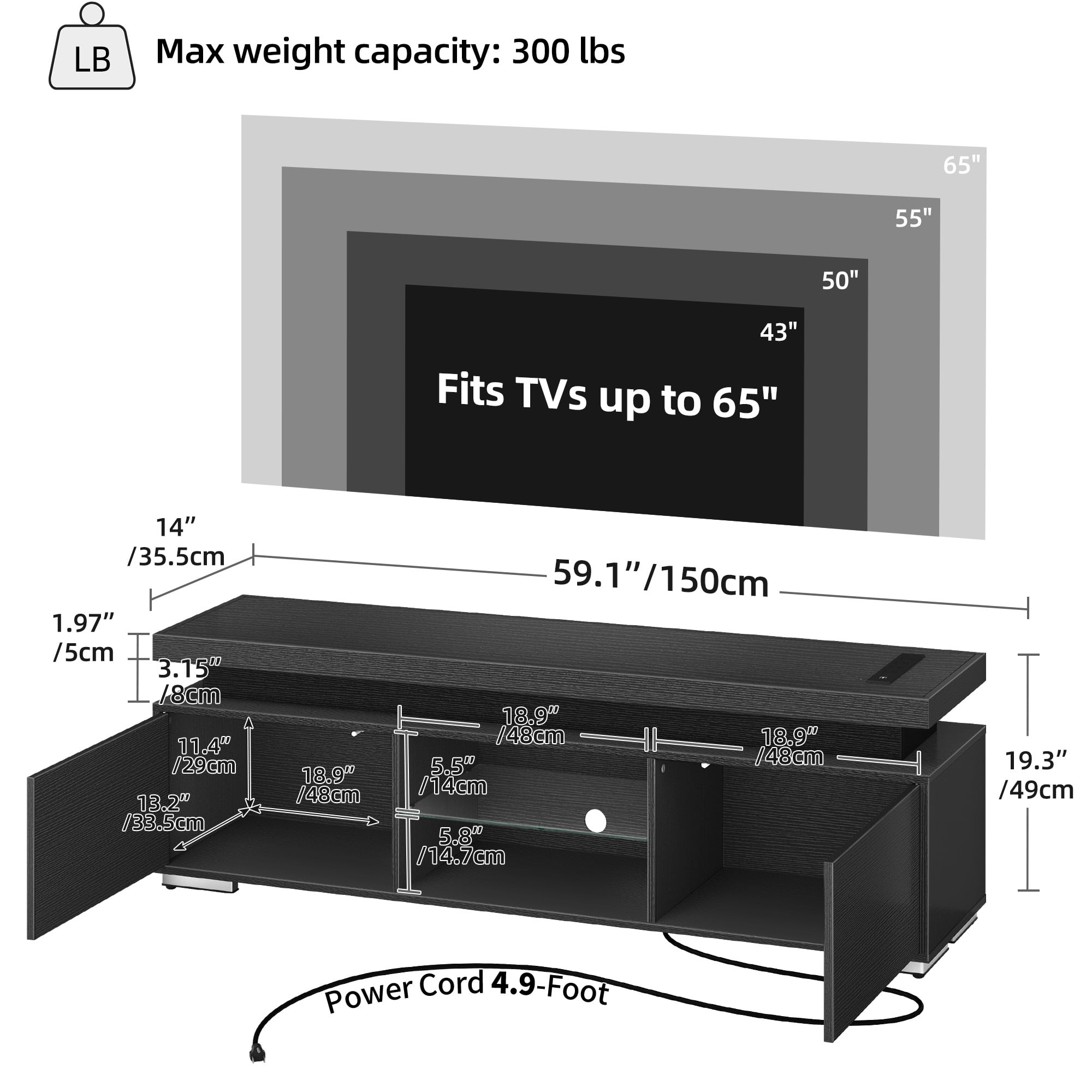 Dextrus LED TV Stand Entertainment Center with Power Outlets for 55/60/65 inch TVs, Black