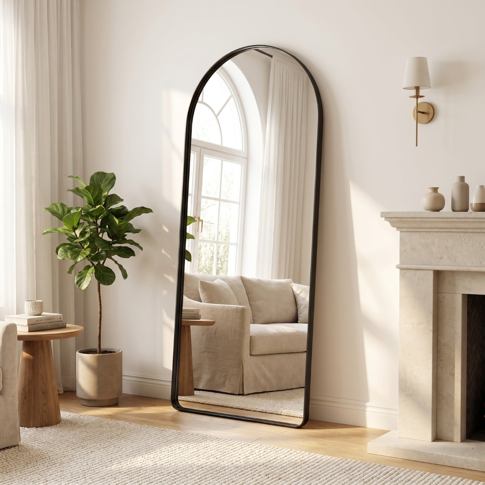 GRAHMCY 21"x64" Arched Floor Mirror Rounded Corner Full Length Mirror with Deep Frame, Black