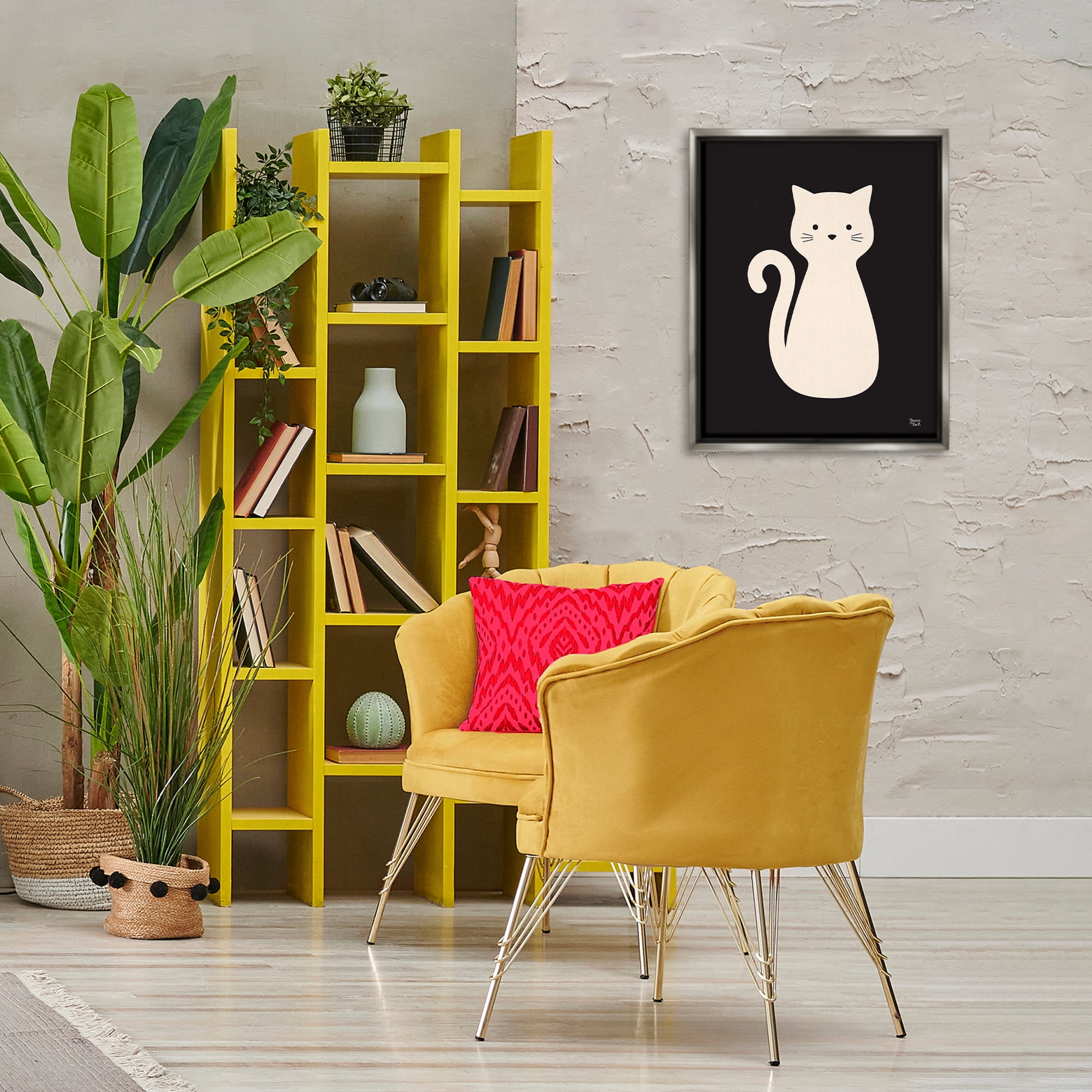 Stupell Industries Feline Grace White Cat Animals Painting Gray Floater Framed Canvas Art Print Wall Art, 17 x 21