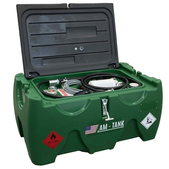 AM-TANK 40-Gallon Diesel Portable Low Profile Tank with 12V Pump, Particulate and Water Filter, 13ft Hose, and Auto-Nozzle