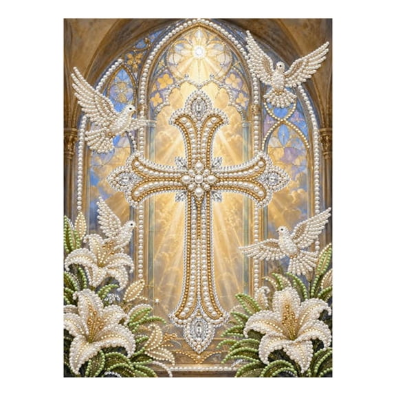 DIY Christian Cross Pearl Diamond Painting Craft Kit, Heavenly Sunbeam Church Window Cross 5D Pearl Mosaic, Spring Easter Home Room Wall Art Decor Decorative Crafts for Adults