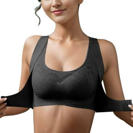 

CLZOUD Plus Size Comfort Bra Women s Front Side Buckle Lace Edge Without Steel Ring Movement Seamless Gathering Adjustment Yoga Sleep Large Bra Black XL