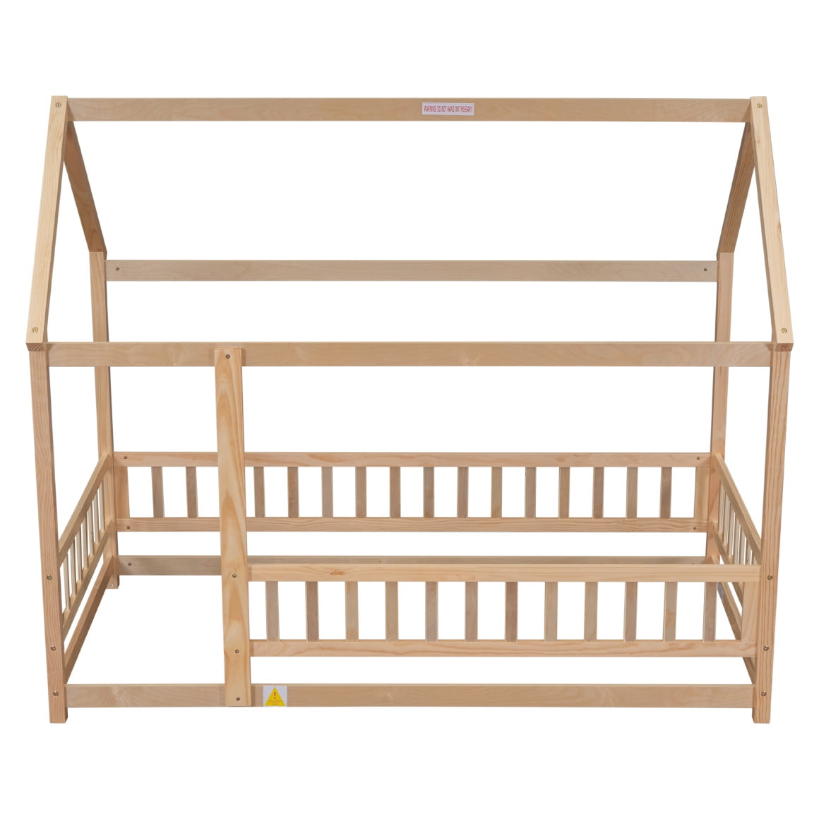 Twin Size Floor Bed Frame, Montessori Floor Bed with House Roof Frame and Fence Guardrails, Natural